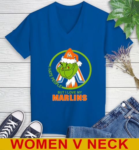 Miami Marlins MLB Christmas Grinch I Hate People But I Love My Favorite Baseball Team Women's V-Neck T-Shirt 11
