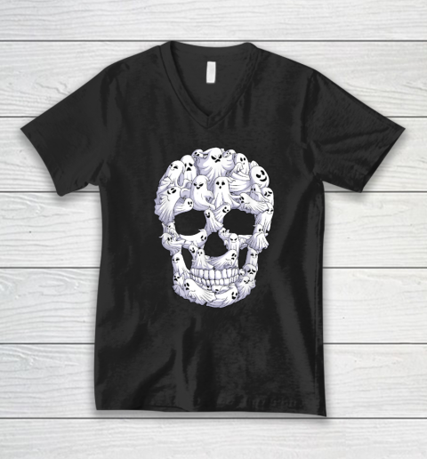 Skull Boo Ghost Funny Halloween Costume V-Neck T-Shirt