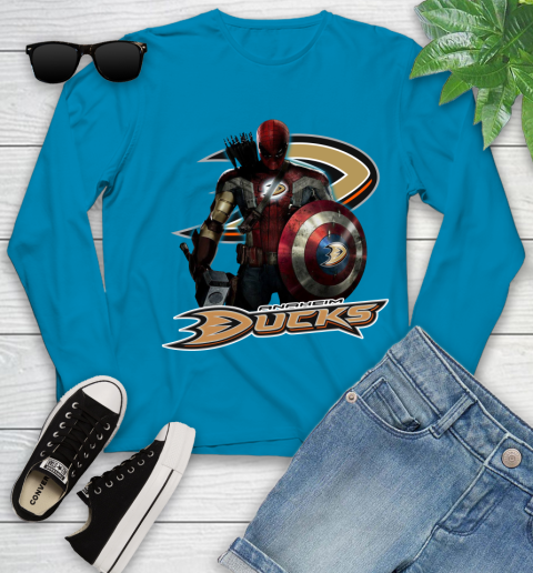 NHL Captain America Thor Spider Man Hawkeye Avengers Endgame Hockey Anaheim Ducks Youth Long Sleeve 7