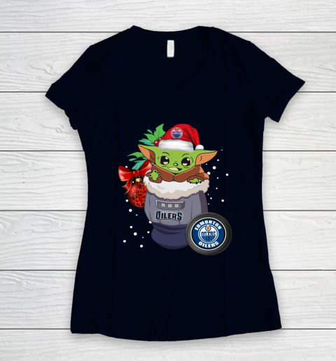 Edmonton Oilers Christmas Baby Yoda Star Wars Funny Happy NHL Women's V-Neck T-Shirt 3