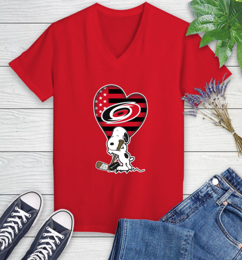Carolina Hurricanes NHL Hockey The Peanuts Movie Adorable Snoopy Women's V-Neck T-Shirt 12