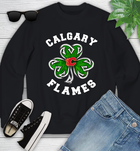 NHL Calgary Flames Three Leaf Clover St Patrick's Day Hockey Sports Youth Sweatshirt