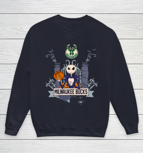 NBA Milwaukee Bucks Basketball Jack Skellington Halloween Youth Sweatshirt 2