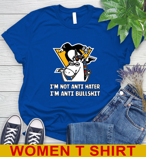 Pittsburgh Penguins NHL Hockey Unicorn I'm Not Anti Hater I'm Anti Bullshit Women's T-Shirt 9