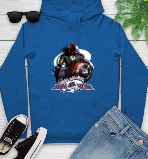 NHL Captain America Thor Spider Man Hawkeye Avengers Endgame Hockey Colorado Avalanche Youth Hoodie 9