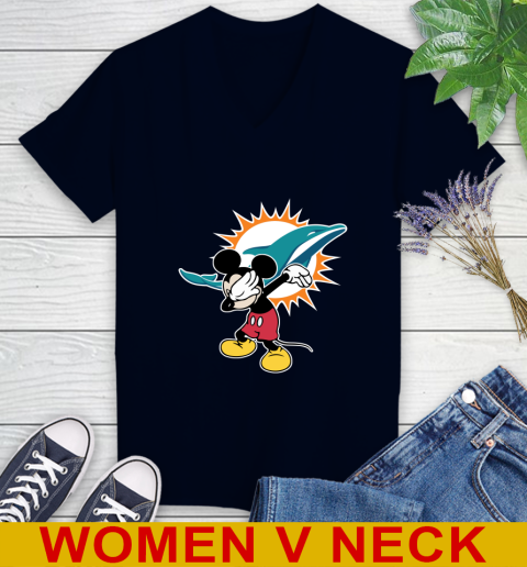 Miami Dolphins NFL Football Dabbing Mickey Disney Sports Women's V-Neck T-Shirt 3