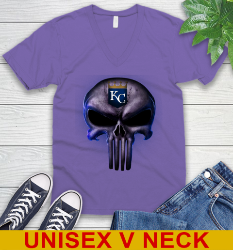 Kansas City Royals MLB Baseball Punisher Skull Sports V-Neck T-Shirt 8