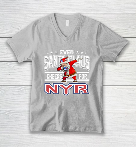 New York Rangers Even Santa Claus Cheers For Christmas NHL V-Neck T-Shirt 3