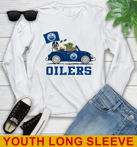 NHL Hockey Edmonton Oilers Darth Vader Baby Yoda Driving Star Wars Shirt Youth Long Sleeve