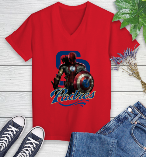 MLB Captain America Thor Spider Man Hawkeye Avengers Endgame Baseball San Diego Padres Women's V-Neck T-Shirt 12