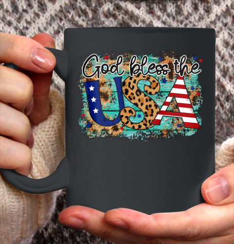 God Bless the USA Stars Stripes and Leopard Print Ceramic Mug 11oz