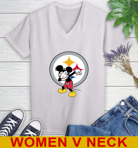 Pittsburgh Steelers NFL Football Dabbing Mickey Disney Sports Women's V-Neck T-Shirt