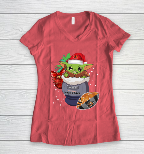 Cincinnati Bengals Christmas Baby Yoda Star Wars Funny Happy NFL Women's V-Neck T-Shirt 6