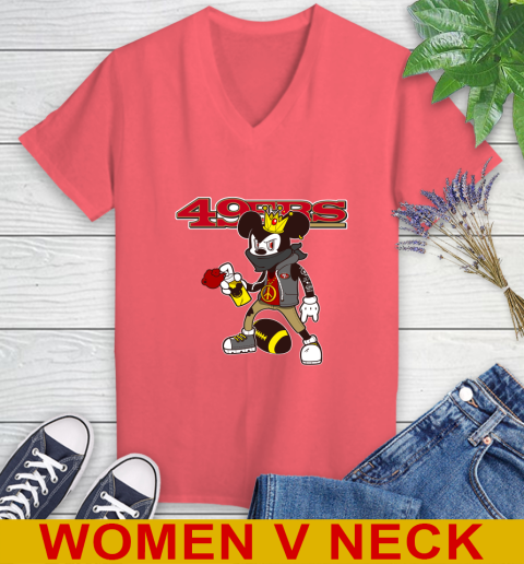 San Francisco 49ers NFL Football Mickey Peace Sign Sports Women's V-Neck T-Shirt 7