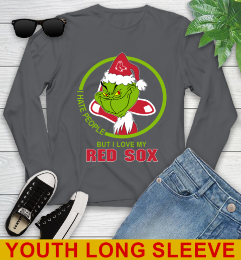 Boston Red Sox MLB Christmas Grinch I Hate People But I Love My Favorite Baseball Team Youth Long Sleeve 9