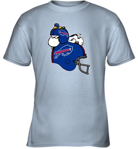 4469 snoopy and woodstock resting on buffalo bills helmet youth t shirt 26 front light blue