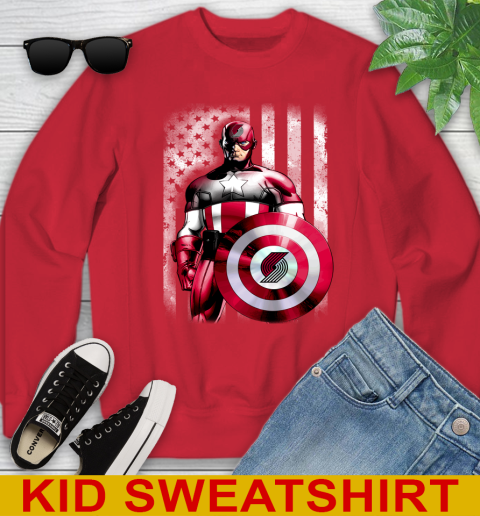 Portland Trail Blazers NBA Basketball Captain America Marvel Avengers American Flag Shirt Youth Sweatshirt 7