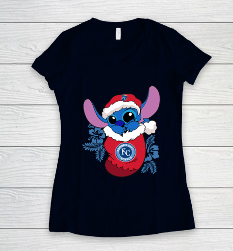 Kansas City Royals Christmas Stitch In The Sock Funny Disney MLB Women's V-Neck T-Shirt 3