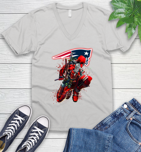 NFL Deadpool Marvel Comics Sports Football New England Patriots V-Neck T-Shirt