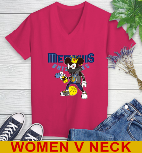 Memphis Grizzlies NBA Basketball Mickey Peace Sign Sports Women's V-Neck T-Shirt 10