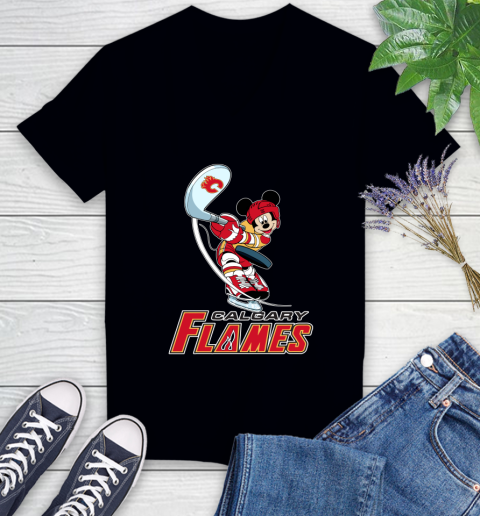 NHL Hockey Calgary Flames Cheerful Mickey Mouse Shirt Women's V-Neck T-Shirt