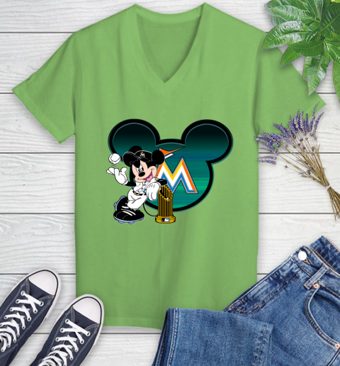 MLB Miami Marlins The Commissioner's Trophy Mickey Mouse Disney Women's V-Neck T-Shirt 11
