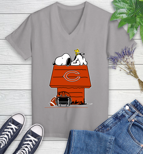 Chicago Bears NFL Football Snoopy Woodstock The Peanuts Movie Women's V-Neck T-Shirt 4