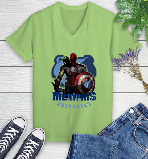 Memphis Grizzlies NBA Basketball Captain America Thor Spider Man Hawkeye Avengers Women's V-Neck T-Shirt 11