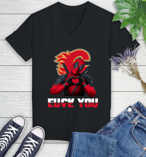 NHL Calgary Flames Deadpool Love You Fuck You Hockey Sports Women's V-Neck T-Shirt
