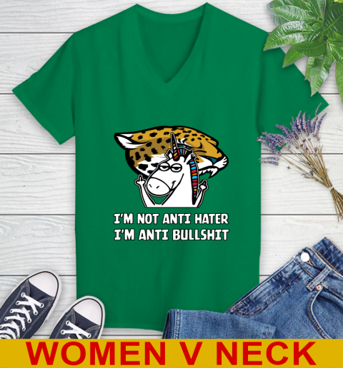 Jacksonville Jaguars NFL Football Unicorn I'm Not Anti Hater I'm Anti Bullshit Women's V-Neck T-Shirt 6