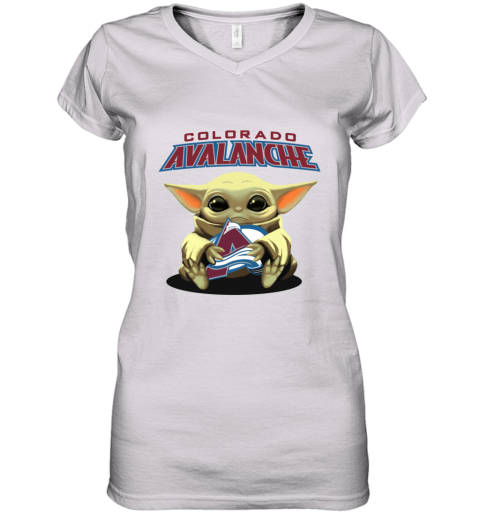ndpy baby yoda hugs the colorado avalanche women v neck t shirt 39 front white