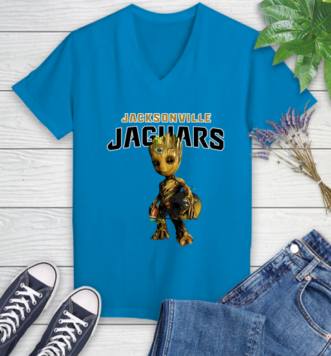 Jacksonville Jaguars NFL Football Groot Marvel Guardians Of The Galaxy Women's V-Neck T-Shirt 7