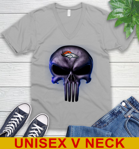 Denver Broncos NFL Football Punisher Skull Sports V-Neck T-Shirt 3