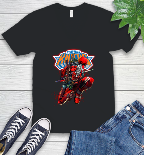 NBA Deadpool Marvel Comics Sports Basketball New York Knicks V-Neck T-Shirt 2