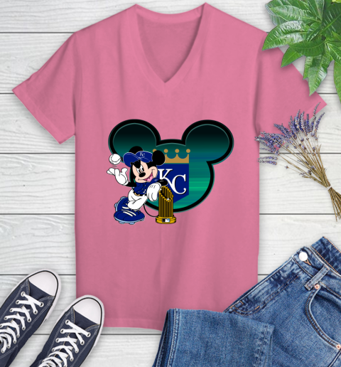 MLB Kansas City Royals The Commissioner's Trophy Mickey Mouse Disney Women's V-Neck T-Shirt 13
