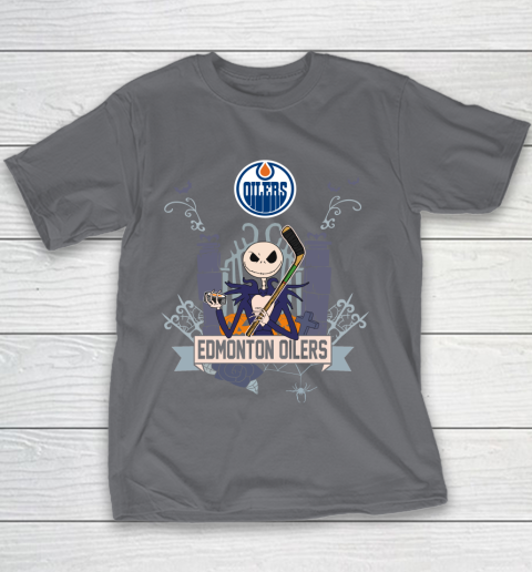 NHL Edmonton Oilers Hockey Jack Skellington Halloween Youth T-Shirt 5