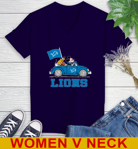 NFL Football Detroit Lions Pluto Mickey Driving Disney Shirt Women's V-Neck T-Shirt 4