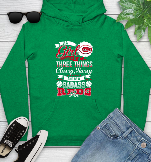 Cincinnati Reds MLB Baseball A Girl Should Be Three Things Classy Sassy And A Be Badass Fan Youth Hoodie 9