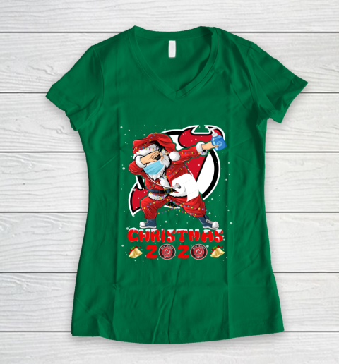 New Jersey Devils Funny Santa Claus Dabbing Christmas 2020 NHL Women's V-Neck T-Shirt 3