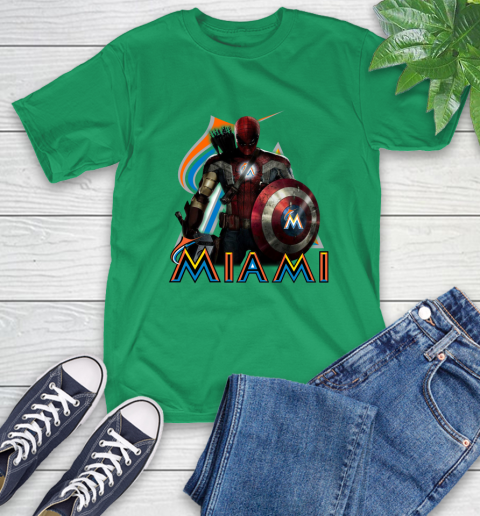 MLB Captain America Thor Spider Man Hawkeye Avengers Endgame Baseball Miami Marlins T-Shirt 7