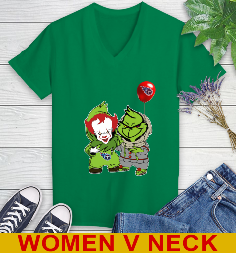 Tennessee Titans Baby Pennywise Grinch Christmas NFL Football Women's V-Neck T-Shirt 6