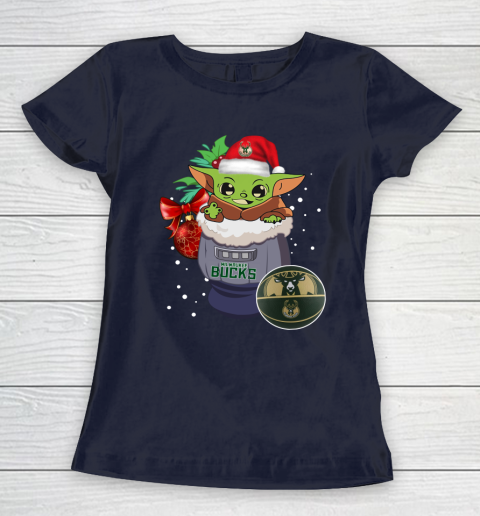 Milwaukee Bucks Christmas Baby Yoda Star Wars Funny Happy NBA Women's T-Shirt 4
