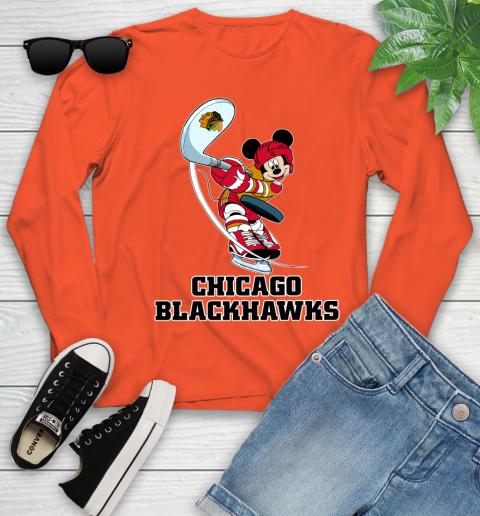 NHL Hockey Chicago Blackhawks Cheerful Mickey Mouse Shirt Youth Long Sleeve 4