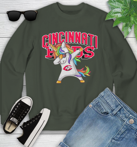 Cincinnati Reds MLB Baseball Funny Unicorn Dabbing Sports Youth Sweatshirt 10