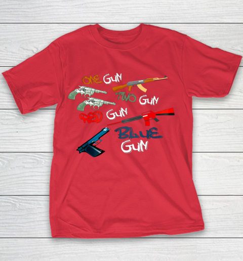 One Gun Two Gun Red Gun Blue Gun Funny Youth T-Shirt 15