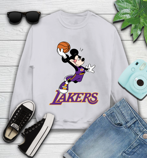 NBA Basketball Los Angeles Lakers Cheerful Mickey Mouse Shirt Youth Sweatshirt 4