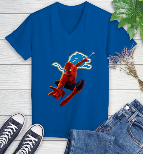 NFL Spider Man Avengers Endgame Football Detroit Lions Women's V-Neck T-Shirt 10