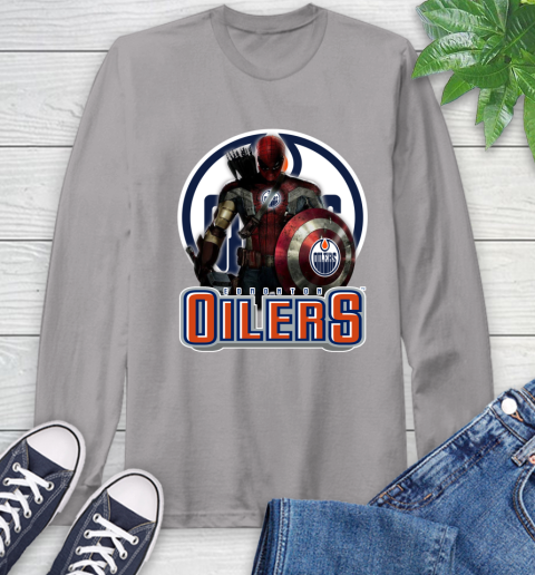 NHL Captain America Thor Spider Man Hawkeye Avengers Endgame Hockey Edmonton Oilers Long Sleeve T-Shirt 6