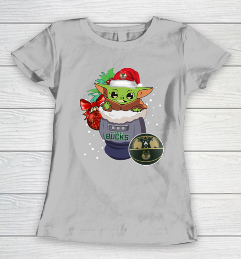 Milwaukee Bucks Christmas Baby Yoda Star Wars Funny Happy NBA Women's T-Shirt 6