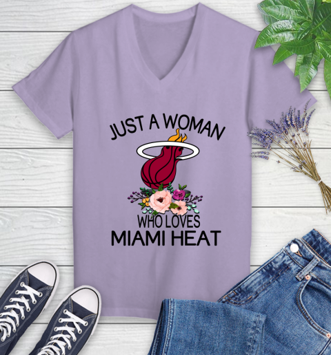 NBA Just A Woman Who Loves Miami Heat Basketball Sports Women's V-Neck T-Shirt 9